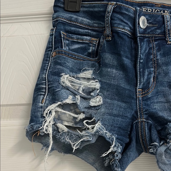 American Eagle Outfitters Women's Dark Blue Ripped Jean Shorts - Picture 3 of 17